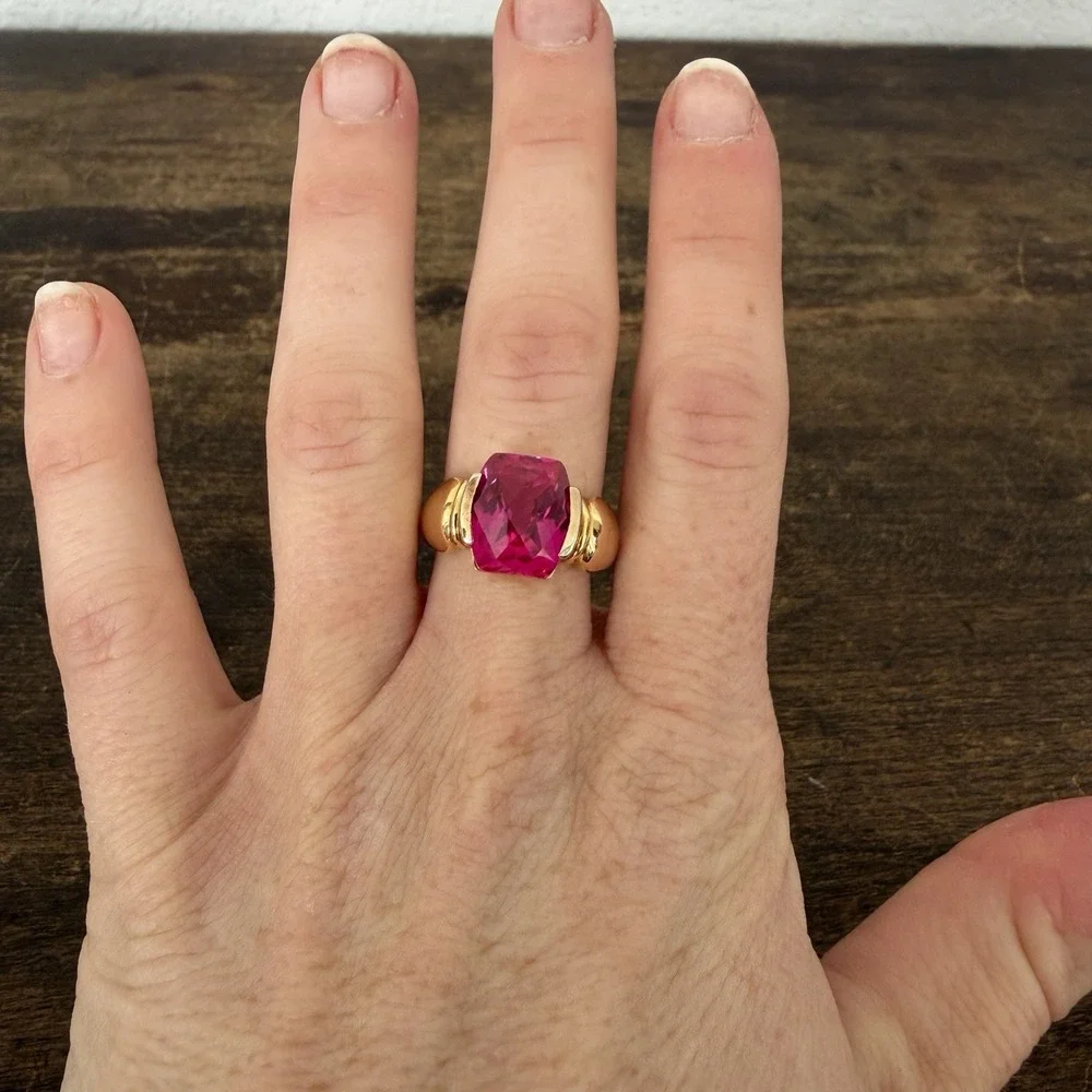 VTG Estate Sterling‎ Silver 925 Ring Cushion Cut Synthetic Ruby Gold Toned Sz 8